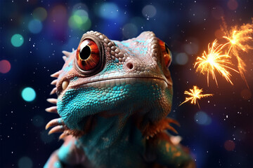 a chameleon with a background of colorful stars and clouds - obrazy, fototapety, plakaty