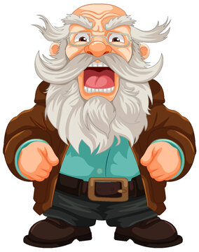 Angry Bald Old Man with Beard and Mustache Cartoon Character