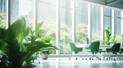 Open space interior with green plants and places for workers, no people, quarantine time, copy space