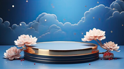 Luxury blue gold Chinese oriental rounded podium mockup with flower AI Generative