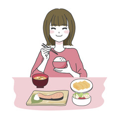 美味しそうにご飯を食べる女性のイラスト01