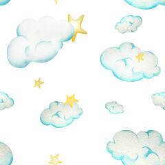 Seamless pattern. Light blue clouds and yellow star. Watercolor illustration. on white background. for design.