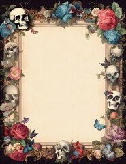 Fototapeta premium Skull and flowers framed themed rustic junk journal brown stained paper craft work journal with frame and copy space for writing, letter template, vintage floral design, calligraphy victorian