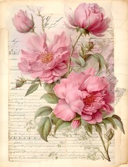 pink peony flowers flowers themed rustic junk journal brown stained paper craft work journal with frame and copy space for writing, letter template, vintage floral design, calligraphy victorian