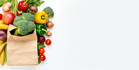 Healthy food in paper bag vegetables and fruits on white background.