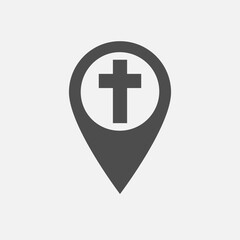 Map pointer of christian organization. Creative church logo concept. Black and white colors. Flat design. Gps location arrow. Isolated graphic template. Religious icon. Navigator pin symbol. 