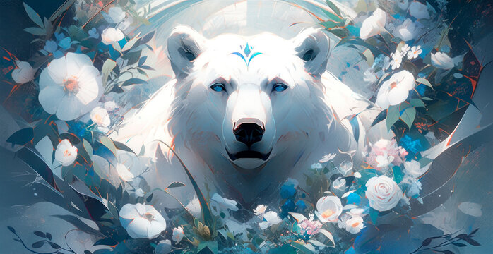 Digital Art of A Polar Bear. Blue Eyed Polar Bear. Polar Bear with Flowers. Fantasy Art. Generative AI. 