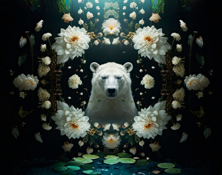 Digital Art of A Polar Bear. Polar Bear with Lotuses. Lily Pond. Polar Bear with Flowers. Fantasy Art. Generative AI. 