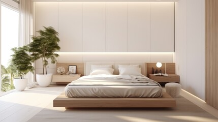 Modern bedroom with large bed and potted plant