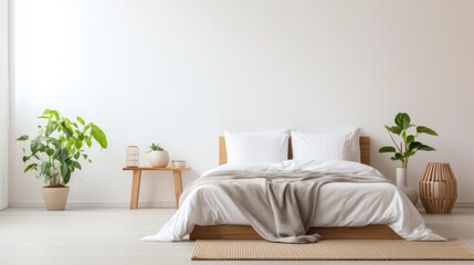 A cozy and minimalist bedroom scene with white bedding