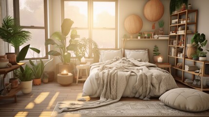 Sunlit bedroom with white bed and cozy atmosphere