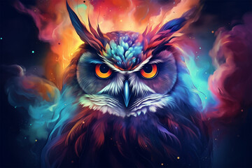 an owl with a background of stars and colorful clouds