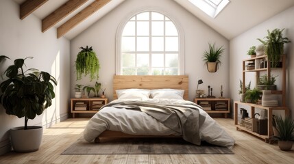 Bright and Airy Bedroom with Wooden Furniture and Plenty of Natural Light - obrazy, fototapety, plakaty