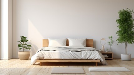 Minimalist bedroom scene with a modern bed and wooden floor