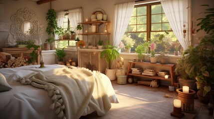A cozy and well-decorated bedroom with a touch of nature