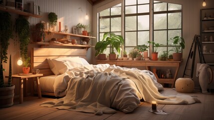 Sunlit Room with a messy bed and many potted plants