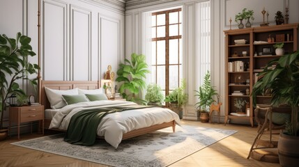 Modern White Bedroom with Green Bedding and Plants