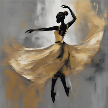 Modern Golden Painting Of African Girl Ballerina Dancing