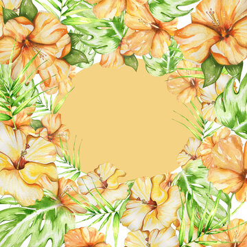 frame with bright orange hibiscus flower and tropical leaves. watercolor illustration. for the design of websites, cosmetics, hygiene products