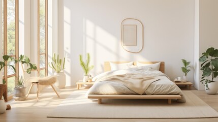 Sunlit bedroom with natural wooden bed and plant accents