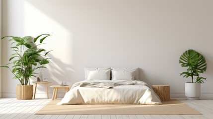 Sunny white bedroom with cozy green potted plant