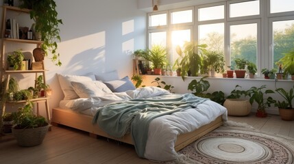 Sunlit bedroom with large bed, white linens, and potted plants