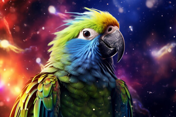 a parrot with a background of stars and colorful clouds