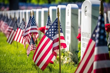 Military Headstones and Gravestones Decorated With Flags for Memorial Day.