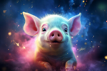 a pig with a background of stars and colorful clouds