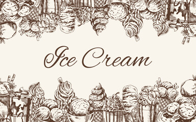 Vintage monochrome ice cream template, hand-drawn. The concept of dessert, a sweet dish in a vintage doodle style. A template with an empty space in the center.