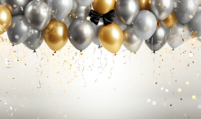 Bunch of golden and silver gray metallic glitter balloons on glistering background
