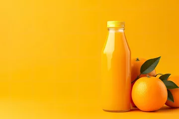 Fotobehang Orange Juice bottle on orange background. © AbdulHamid