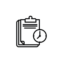 Clipboard with clock outline icon. Vector illustration. The isolated icon suits the web, infographics, interfaces, and apps.