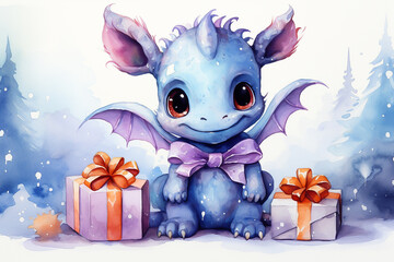 cute little dragon with gifts gifts. watercolor drawing, postcard, pastel colors