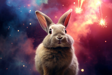 Fototapeta na wymiar a rabbit with a background of stars and colorful clouds