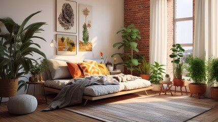 Minimalist bedroom with modern furniture and large potted plants