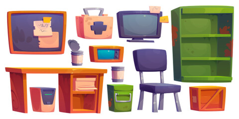 Furniture and equipment for underground safe bunker for rescue during bombing or natural disaster. Cartoon vector shelter survival kit - supply of food, first aid box, desk with computer and radio.