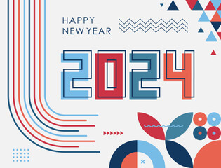 Obraz premium happy new year 2024 cover with modern geometric abstract background in retro style. happy new year greeting card banner design for 2024 art calligraphy, colorful shapes. Creative Vector illustration.