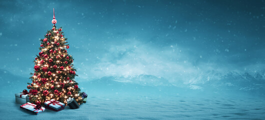 Wintry landscape, decorated Christmas tree and gifts