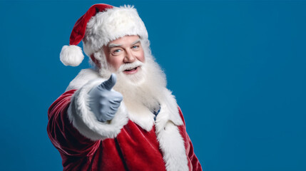 Old man in Santa Claus costume smiling and thumbs up isolated on blue background, Christmas background with copy space.