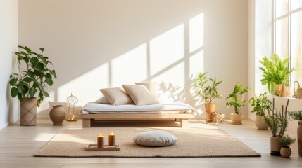 Fototapeta na wymiar Zen-inspired bedroom with natural decor