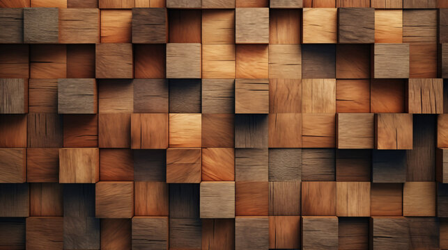 Dark color wood cube stack textured background, modern style wooden material abstract background.