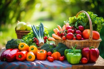 Variety of fresh organic vegetables and fruits in the garden.