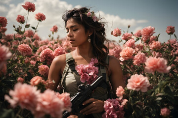 Solitary Blossom Guardian: A Woman Warrior Amidst Flowers Advocating Peace and Halting War - obrazy, fototapety, plakaty