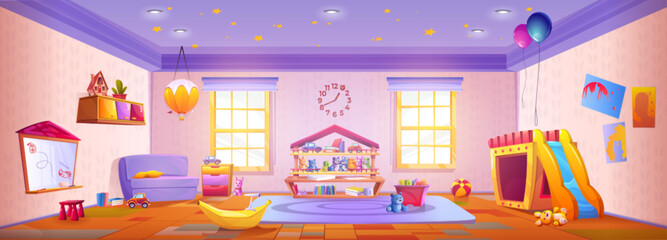 Kindergarten classroom in school with child toy. preschool playroom interior for kid with table, chair, carpet and shelf. Playground daycare recreation design. Indoor kindergarden activity concept
