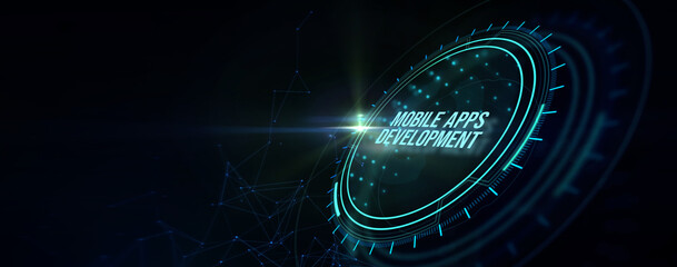 Inscription MOBILE APPS DEVELOPMENT on the virtual display. Cloud technology concept. 3d illustration