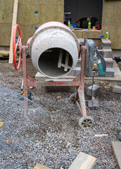 Concrete mixer infront of building site in Sweden