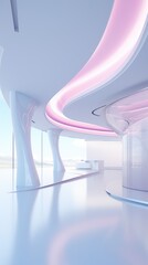 Modern and Spacious Room with Curved Walls and Illuminated Pink and White Interior