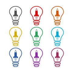 Light bulb and rocket launch icon isolated on white background. Set icons colorful