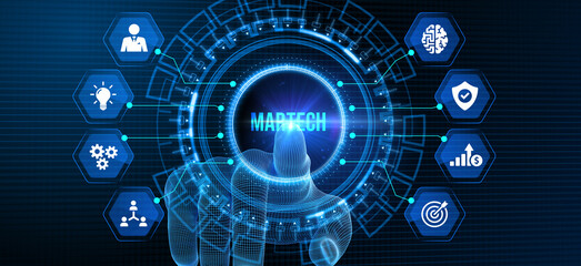 Martech marketing technology concept on virtual screen interface. Business, Technology, Internet and network concept. 3d illustration